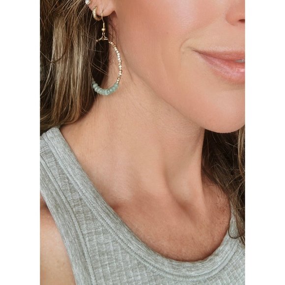 Sparkly Gemstone Beaded Hoops Earrings Natural Green Aventurine Beaded Hoops - Picture 5 of 11